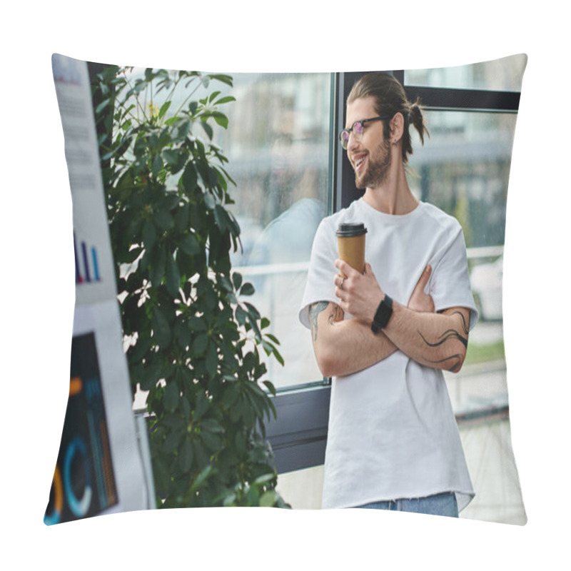 Personality  A Man, Businessman, Standing By Window, Holding Coffee Cup. Pillow Covers