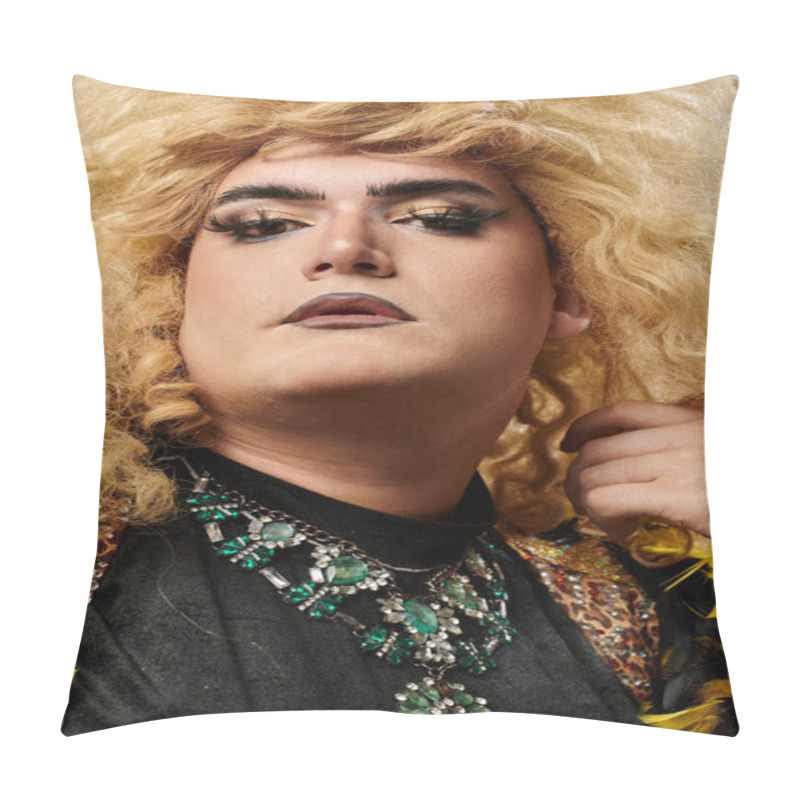 Personality  A Queer Person With Blonde Curls And Bold Makeup Stares Intensely At The Camera. Pillow Covers