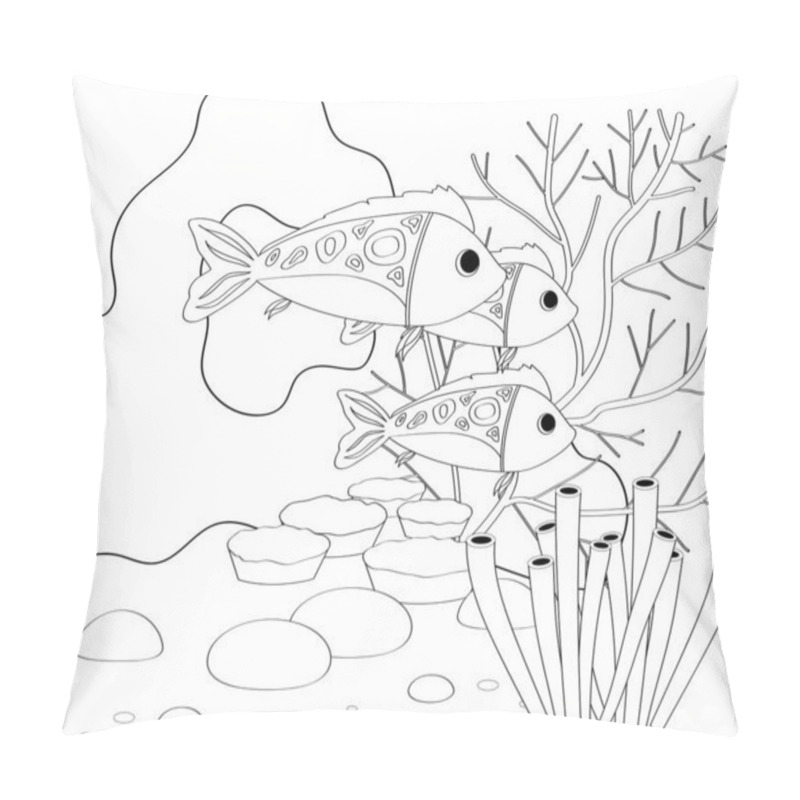 Personality  Fish, Seashells, Seaweed And Corals Drawn In Line Art Style On White Background. Pillow Covers