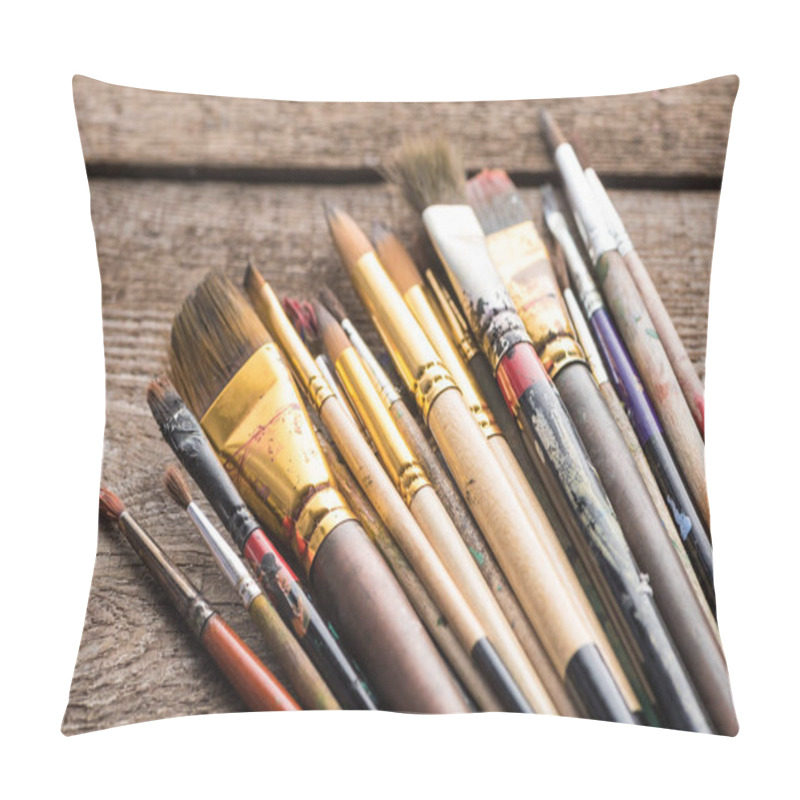 Personality  Close Up View Of Aged Paintbrushes On Wooden Brown Surface Pillow Covers