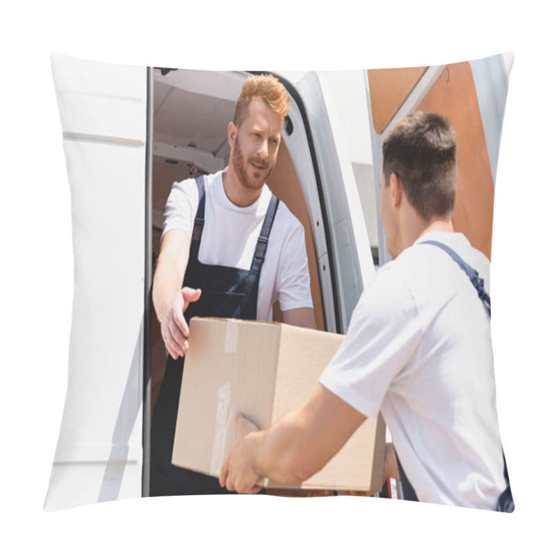 Personality  Selective Focus Of Loader In Overalls Giving Cardboard Box To Colleague In Truck  Pillow Covers