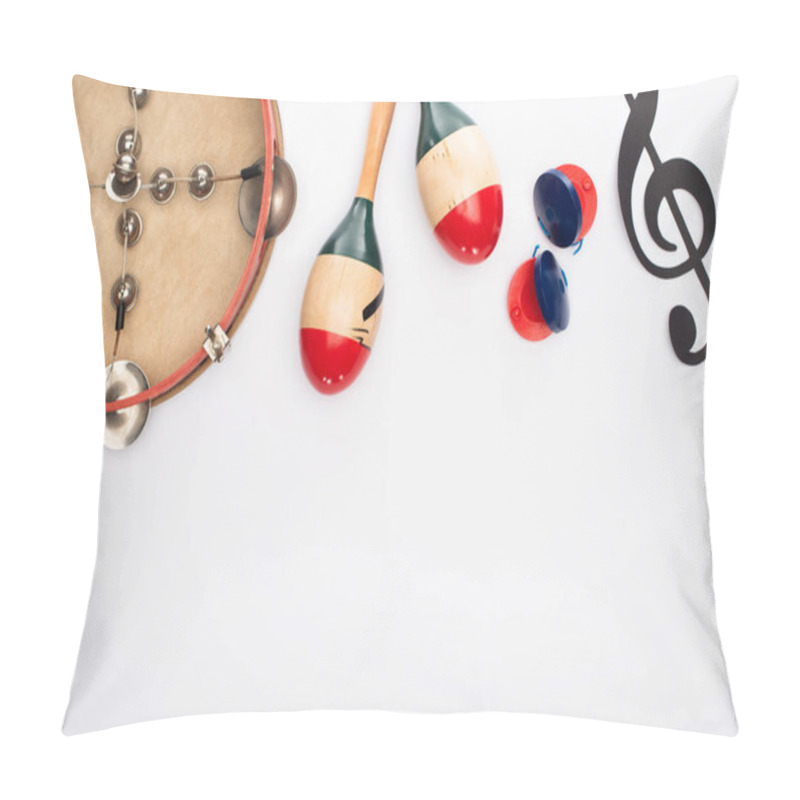 Personality  Top View Of Paper Cut Music Note, Maracas, Castanets And Tambourine On White Background Pillow Covers