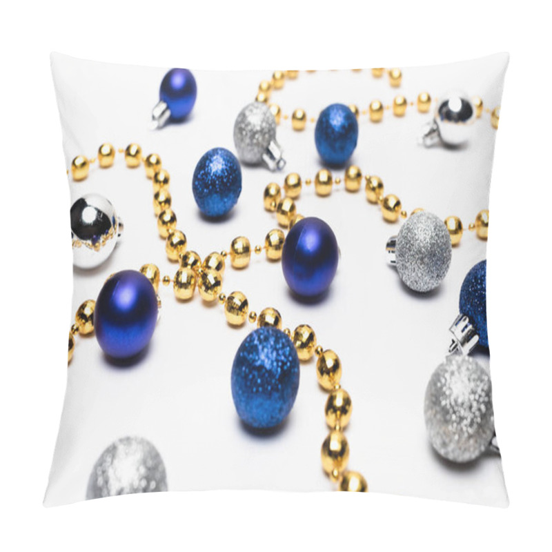 Personality  Blue, Silver And Golden Christmas Decoration On White Background Pillow Covers