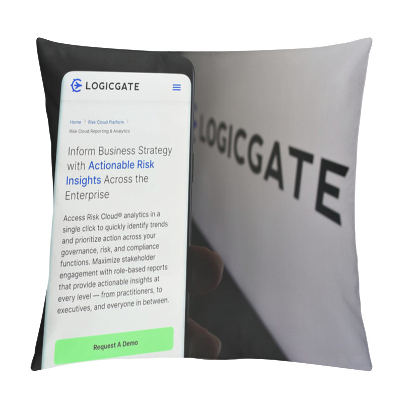 Personality  Stuttgart, Germany - 04-05-2024: Person Holding Mobile Phone With Web Page Of US Risk Management Technology Compnay LogicGate Inc. With Logo. Focus On Center Of Phone Display. Pillow Covers