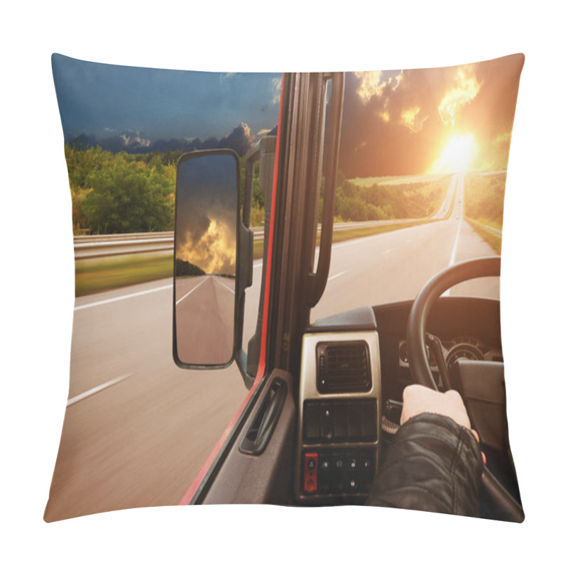 Personality  Truck Dashboard With Drivers Hand On The Steering Wheel And Side Rear-view Mirror On The Countryside Road Against Night Sky With Sunset Pillow Covers