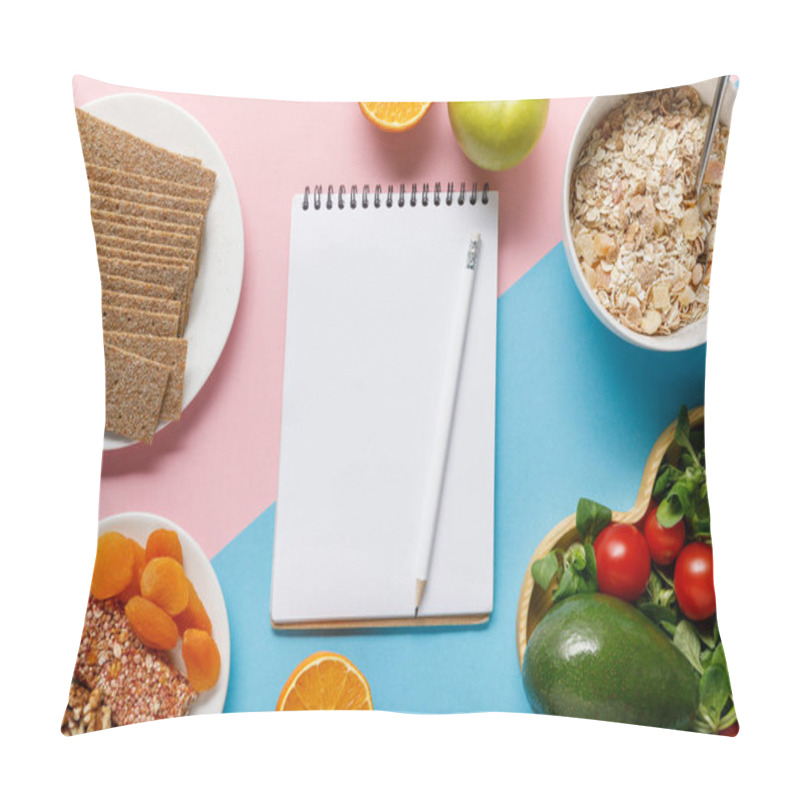 Personality  Top View Of Empty Notebook And Pencil With Tasty Diet Food On Blue And Pink Background  Pillow Covers