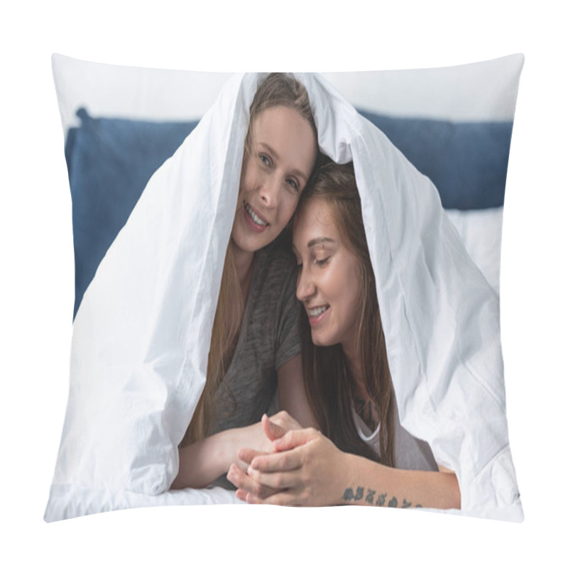 Personality  Two Happy Lesbians Holding Hands While Lying Under Blanket On Bed Pillow Covers