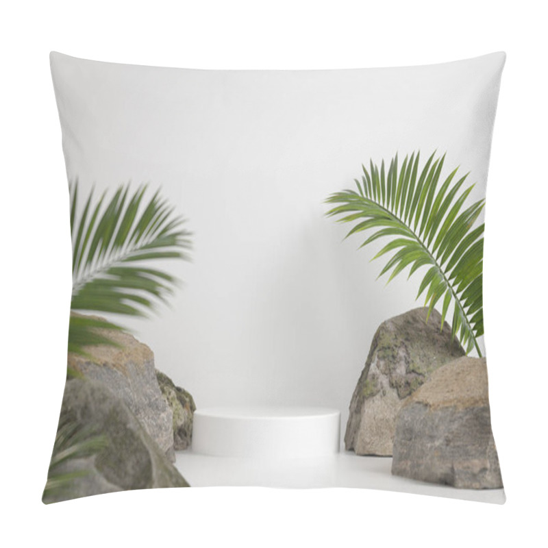 Personality  Mockup White Podium With Rock And Palm Leave Background 3d Render Pillow Covers