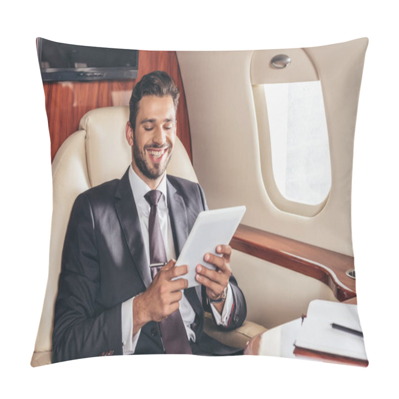 Personality  Smiling Businessman In Suit Using Digital Tablet In Private Plane  Pillow Covers