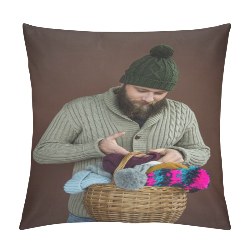 Personality  Man Holding Basket With Hats And Scarfs Pillow Covers