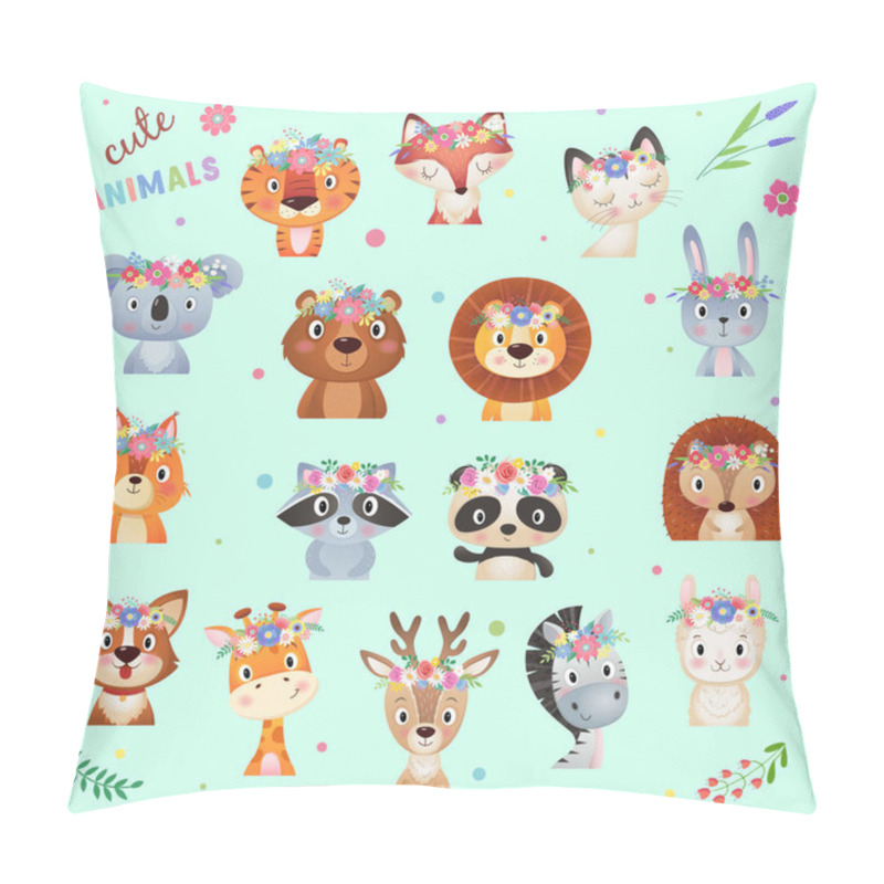 Personality  Cute Summer And Spring Animals Head In A Circle Collection , Flower Wreath On White Background Pillow Covers