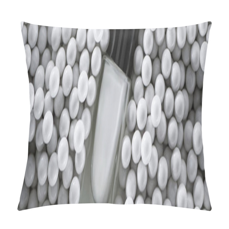 Personality  Top View Of White Nail Polish In Bottle Among Grey Decorative Beads, Panoramic Shot Pillow Covers