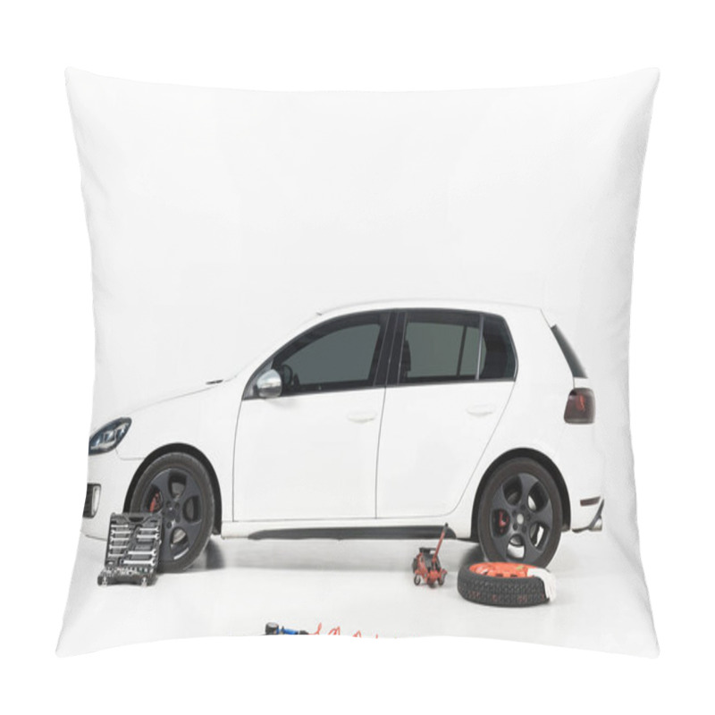 Personality  Side View Of One New White Car With Tools On White Floor Pillow Covers