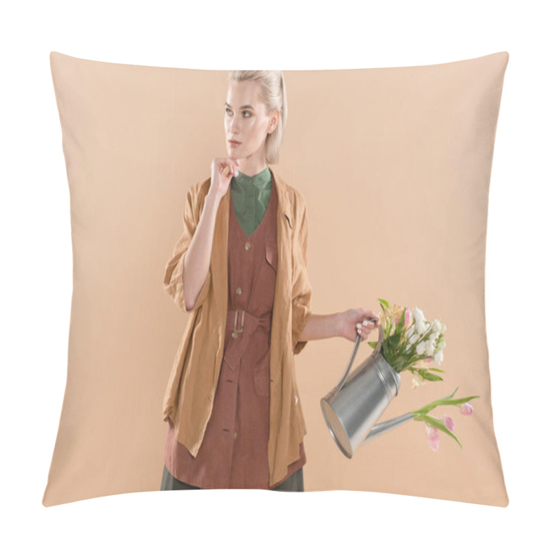 Personality  Pensive Girl In Eco Clothing Holding Watering Can With Flowers Isolated On Beige Background, Environmental Saving Concept Pillow Covers