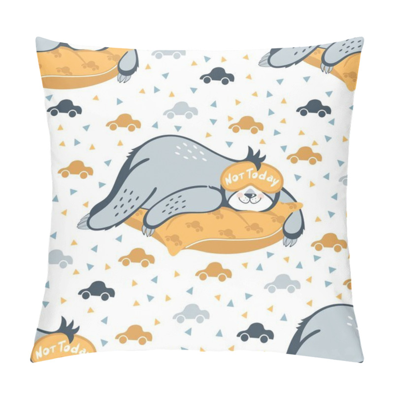 Personality  Vector Seamless Pattern Sloth Bear Sleeps On A Pillow. Sloth In A Sleep Mask. The Inscription Is Not Today. Design For Printing On Children's Clothing, Textiles, Paper, Packaging, Wallpaper. Pillow Covers