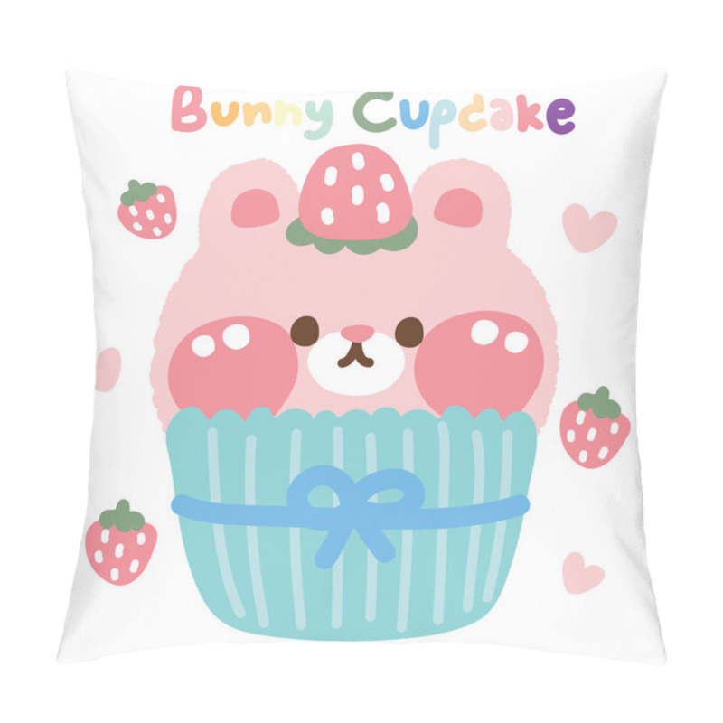 Personality  Cute Bunny Head Strawberry Cupcake On White Background.Sweet And Dessert.Bakery.Rodent Animal Cartoon Character Design.Image For Card,poster,baby Product.Rabbit.Kawaii.Vector.Illustration. Pillow Covers