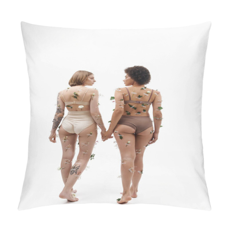 Personality  Two Women Share A Tender Moment, Hands Intertwined, Decorated With Delicate Flowers. Pillow Covers