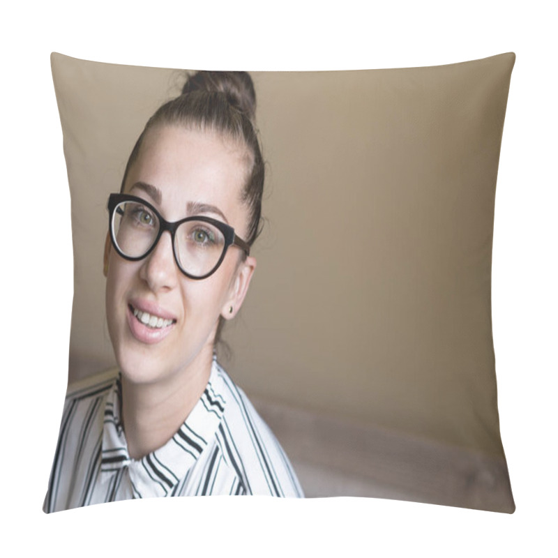 Personality  Happiness Concept - Beautiful Successful Smiling Rich Happy Business Prosperous Young Green-eyed Lady Woman Slavic Appearance In White Suit Style Wear Glasses Sit On Bed At Home Indoors. Copy Space Pillow Covers