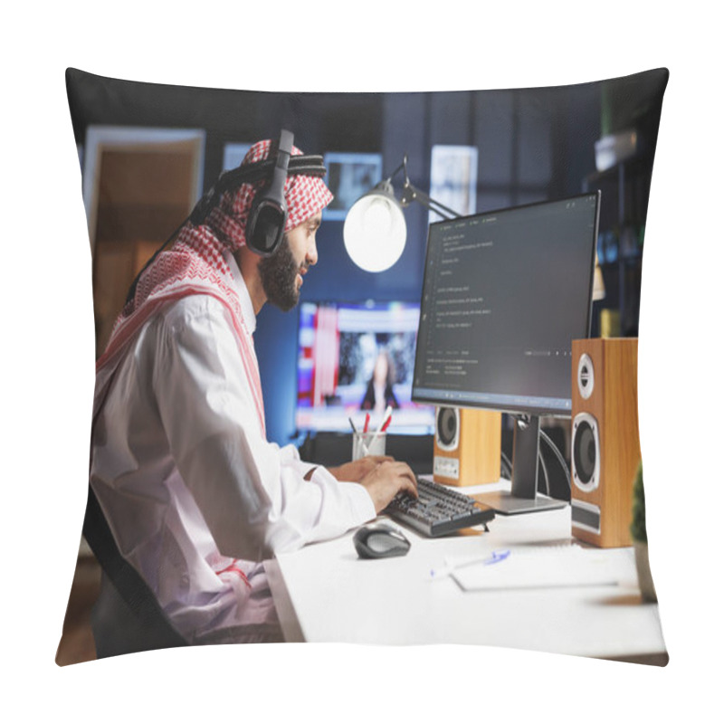 Personality  Middle Eastern Software Programmer Typing Code On A Laptop Showcasing The Essence Of Software Programming And Development. Arab Man With Wireless Headphones Engrossed In Running Algorithms. Pillow Covers