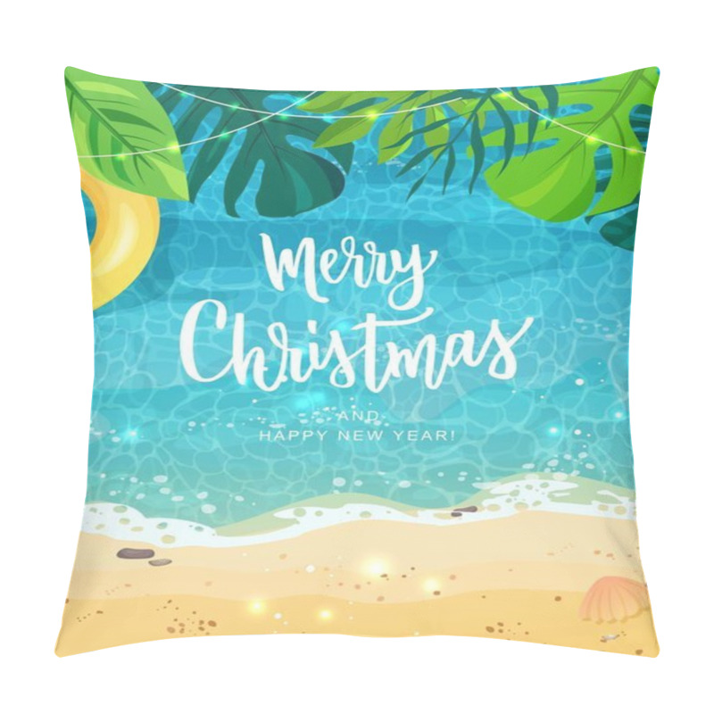 Personality  Merry Christmas Hand Lettering Text For Exotic New Year Celebration. Summer Seashore With Sand And Yellow Swim Ring, Tropical Leaves, Top View. The Wave Rolls Onto The Sand, Sea Foam, Blue Water. Pillow Covers