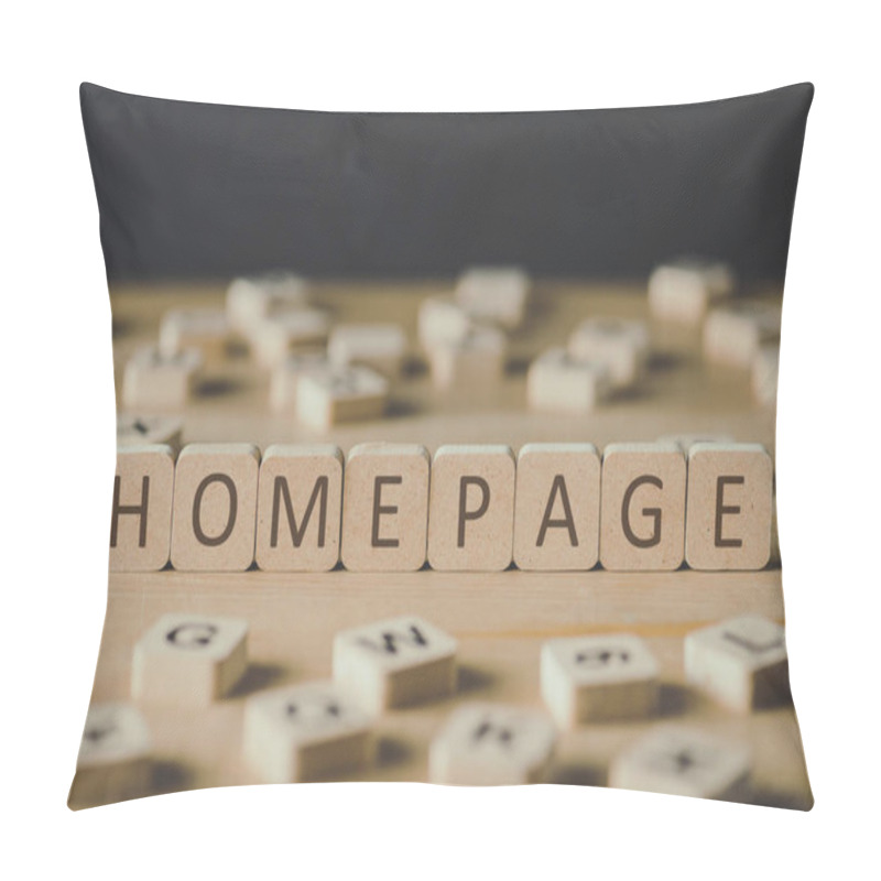 Personality  Selective Focus Of Word Homepage Made Of Cubes Surrounded By Blocks With Letters On Wooden Surface Isolated On Black Pillow Covers