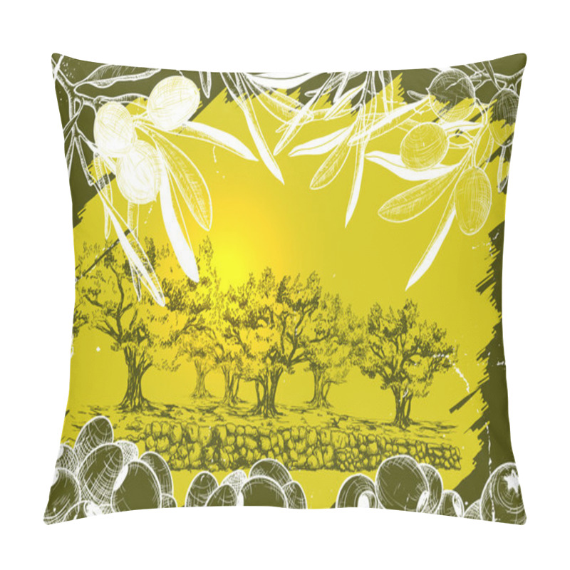 Personality  Vector Illustration Of Olive Harvest Landscape  Pillow Covers