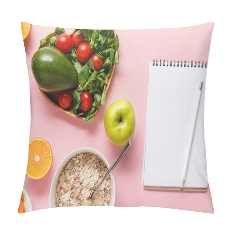 Personality  Top View Of Fresh Diet Food And Blank Notebook On Pink Background Pillow Covers