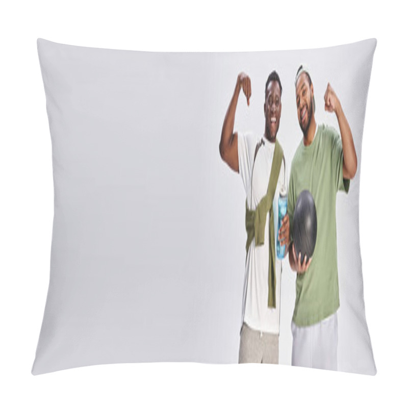 Personality  Sport Banner, Happy African American Male Friends Holding Ball And Water Bottle On Grey Backdrop Pillow Covers