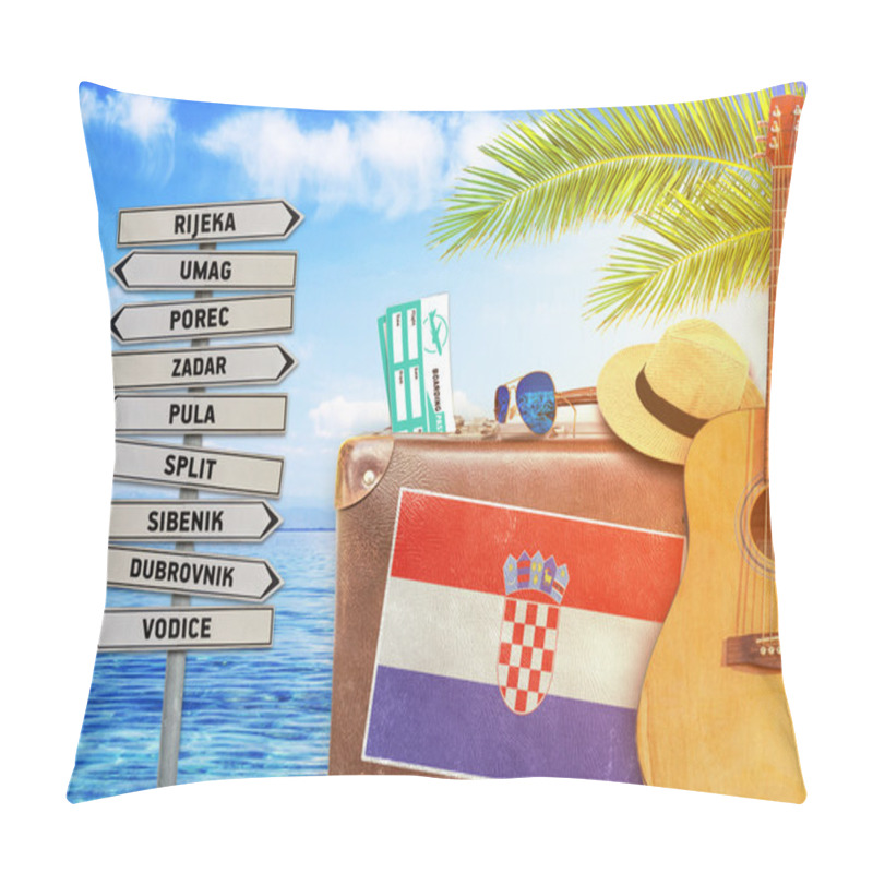 Personality  Concept Of Summer Traveling With Old Suitcase And Croatia With Burning Sun Pillow Covers