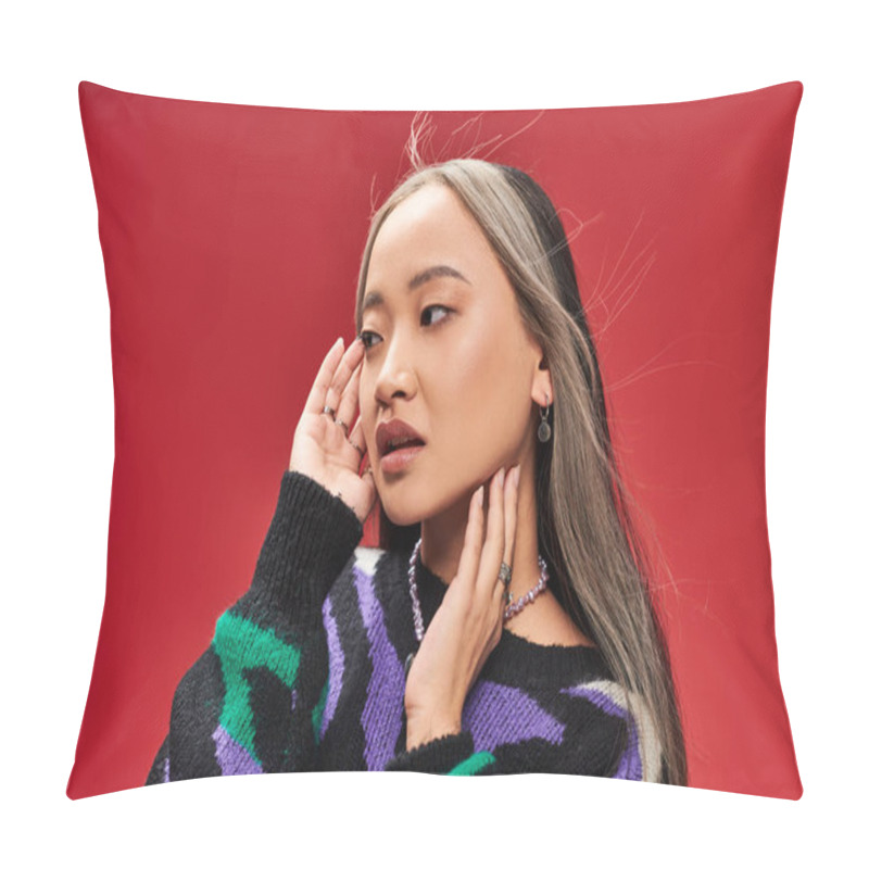 Personality  Attractive Young Asian Woman With Dyed Hair In Sweater With Animal Print Posing With Hands Near Face Pillow Covers