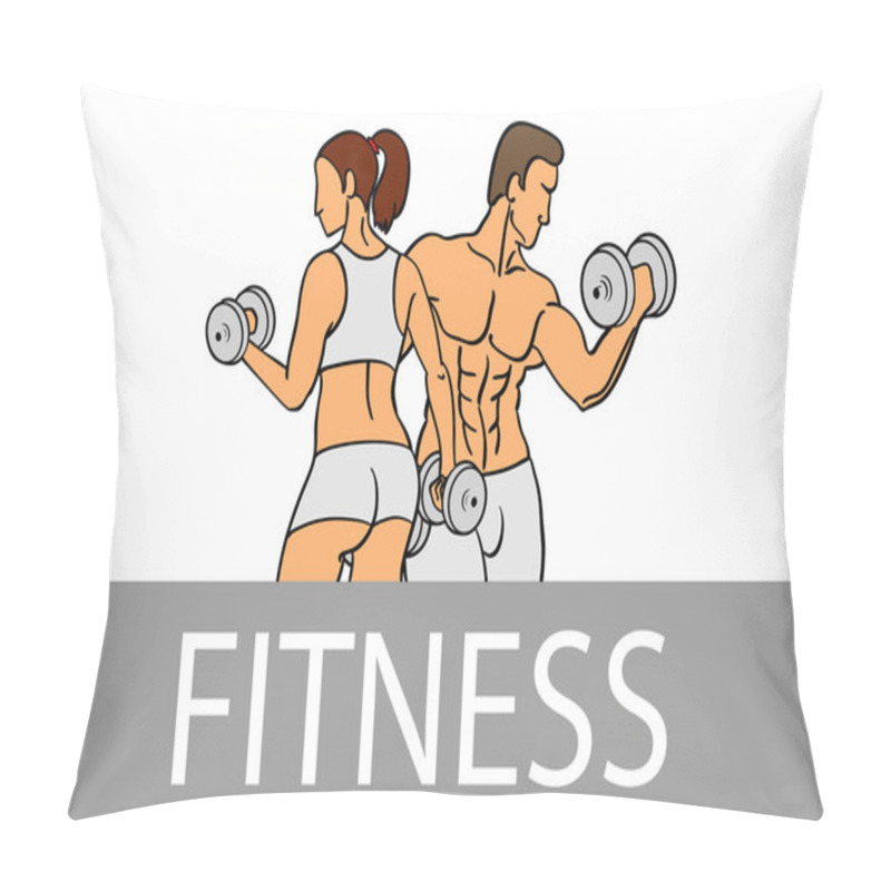 Personality  Fitness With Muscled Man And Woman Silhouettes. Man And Woman Holds Dumbbells. Vector Illustration Pillow Covers