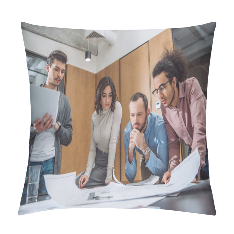 Personality  Group Of Thoughtful Architects Working Together At Office Pillow Covers