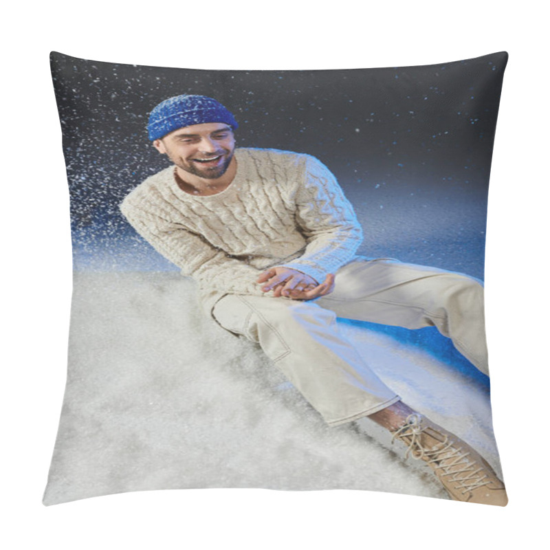 Personality  A Cheerful Young Man Sits On Snow, Enjoying The Winter Vibes While Smiling In Soft Clothing. Pillow Covers