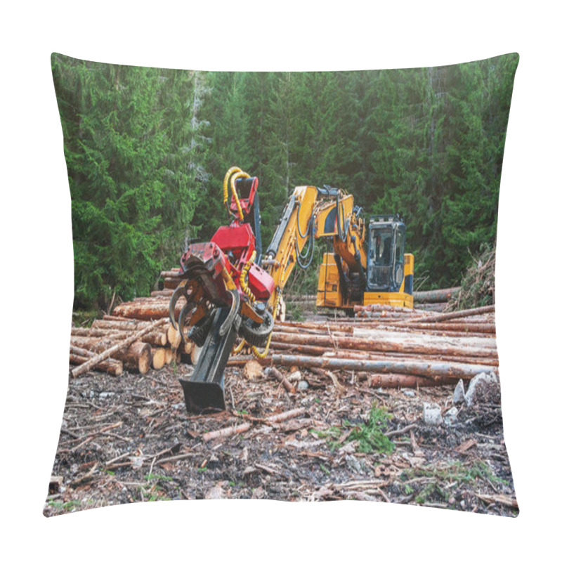 Personality  Woodworking Machine Tractor Harvester In Forest. Primary Wood Processing, Pruning Branches. Deforestation. Pillow Covers