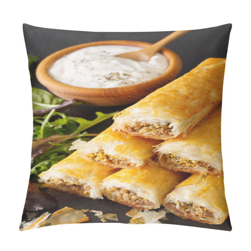 Personality  Filo Rolls Briouats With Meat, Eggs And Greens Close-up And Yogu Pillow Covers