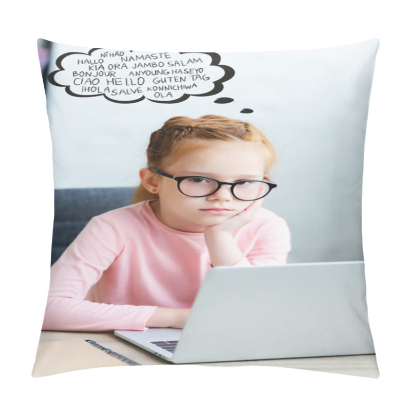 Personality  Bored Little Schoolchild In Eyeglasses Looking At Camera While Srtudying With Laptop, With Words On Different Languages In Speech Bubble Pillow Covers