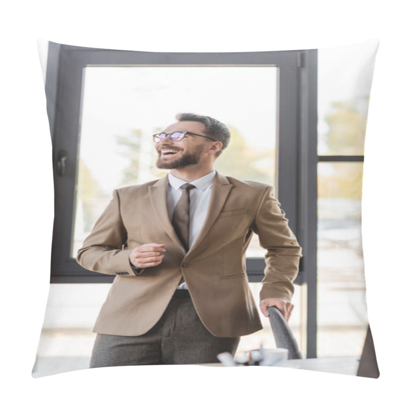 Personality  Satisfied And Overjoyed Businessman In Beige Trendy Blazer, Tie And Eyeglasses Looking Away Near Blurred Laptop, Smartphone And Coffee Cup On Work Desk In Modern Office Pillow Covers