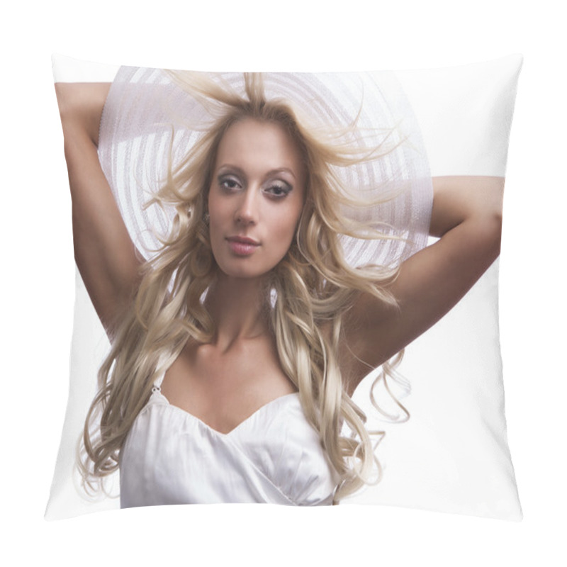 Personality  Beautiful Blond Woman Wearing A Hat - Isolated Over White. Pillow Covers