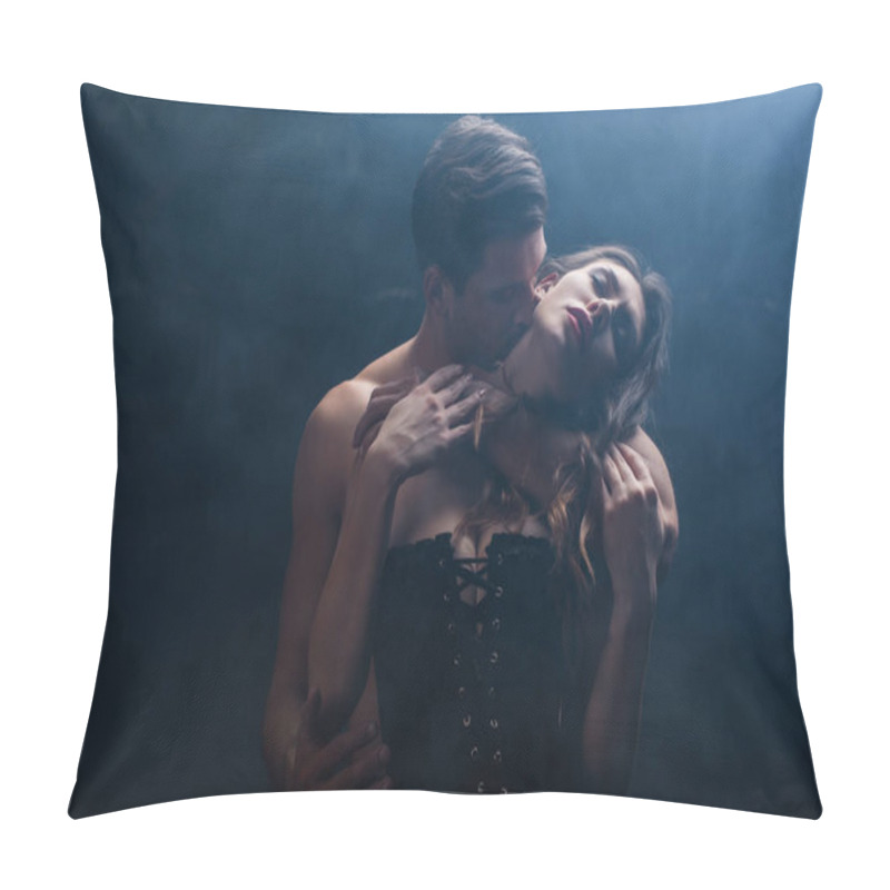 Personality  Handsome Shirtless Man Kissing In Neck Sexy Woman In Corset On Black Background With Smoke Pillow Covers