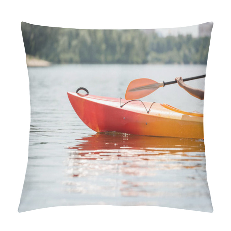 Personality  Cropped View Of Hand Of Active African American Woman With Paddle Sailing In Sportive Kayak On Calm River During Water Recreation On Summer Weekend, Summer Fun Pillow Covers