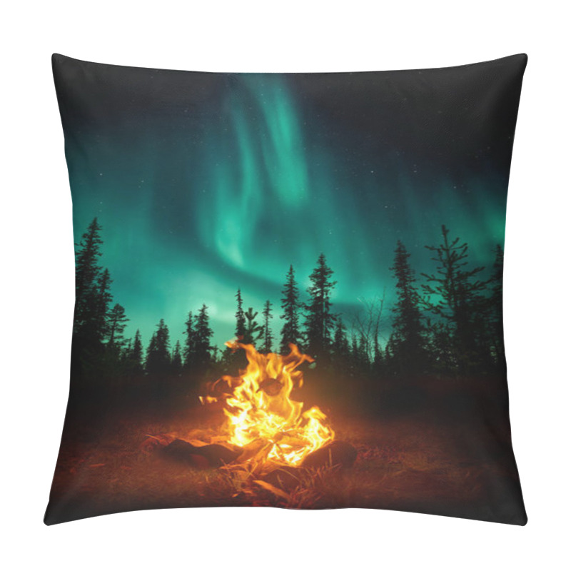 Personality  A Warm And Cosy Campfire In The Wilderness With Forest Trees Silhouetted In The Background And The Stars And Northern Lights (Aurora Borealis) Lighting Up The Night Sky. Photo Composite. Pillow Covers