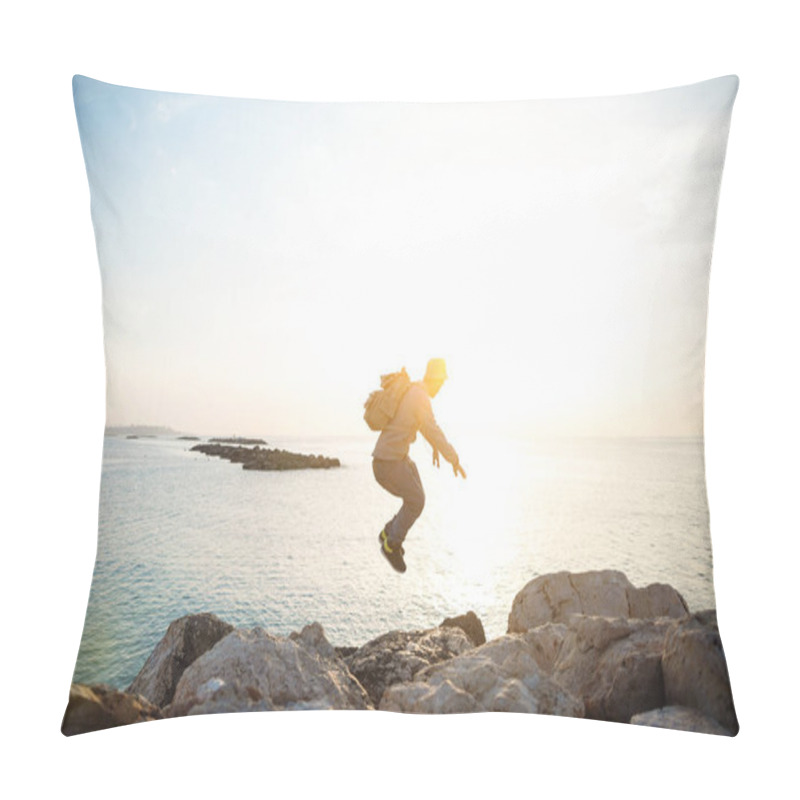 Personality  Man With Backpack Jumping Over Rocks Pillow Covers