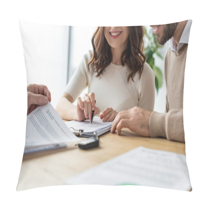 Personality  Cropped View Of Happy Man And Woman Smiling Near Car Dealer  Pillow Covers