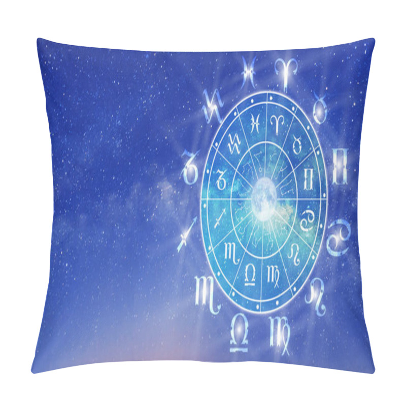 Personality  Astrological Zodiac Signs Inside Of Horoscope Circle. Astrology, Knowledge Of Stars In The Sky Over The Milky Way And Moon. The Power Of The Universe Concept. Pillow Covers