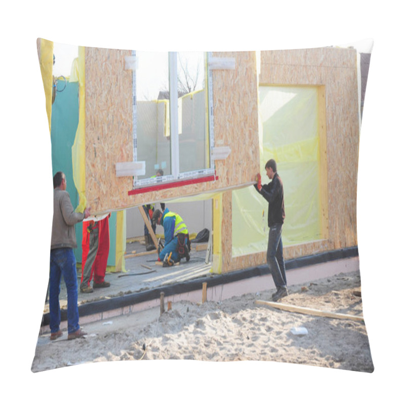 Personality  KYIV, UKRAINE - July, 10, 2018: Contractors Installing Modular Frame Plywood Board Panel Walls House On The Home Construction Site. Structural Insulated Panels House Installation. Pillow Covers