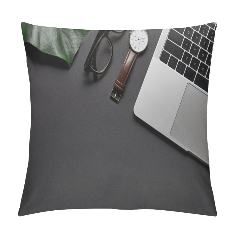 Personality  Glasses And Watch By Laptop On Black Background Pillow Covers