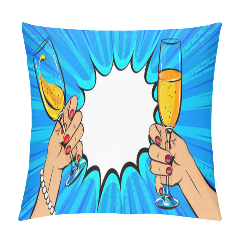 Personality  White Woman Hand Hold Glass Of Champagne In Pop Art Style Pillow Covers