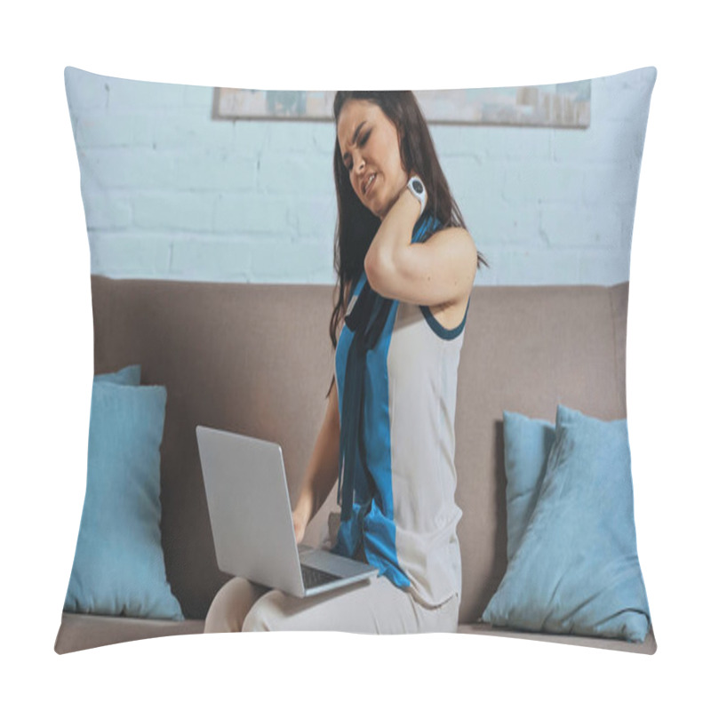 Personality  Young Freelancer Suffering From Pain In Neck While Working From Home Pillow Covers