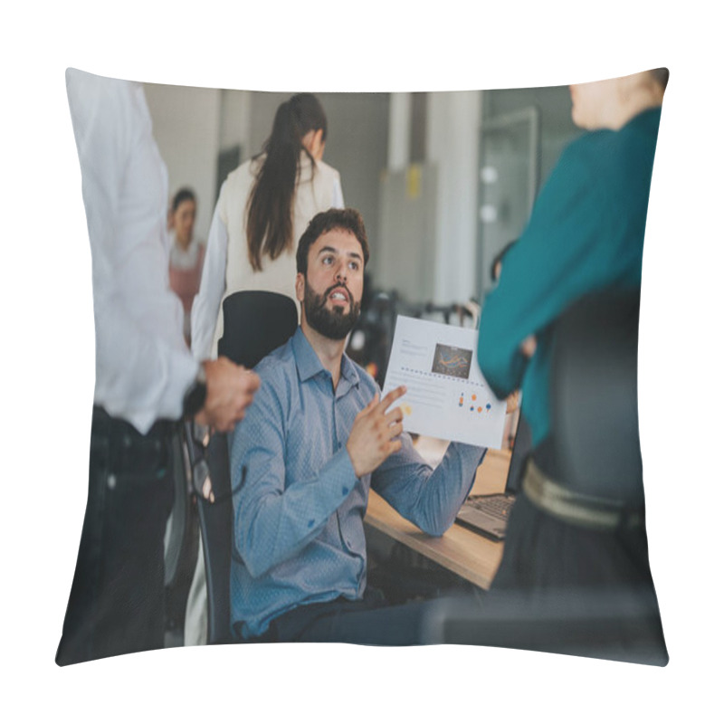 Personality  Business Workers Engaged In A Dynamic Office Meeting, Analyzing Sales Data. A Business Employee Holds A Chart, Collaborating With Colleagues On Important Project Strategies And Growth Planning. Pillow Covers