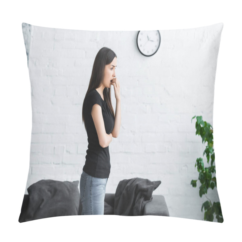 Personality  Worried Young Woman Looking Away While Standing At Home And Holding Hand Near Face Pillow Covers